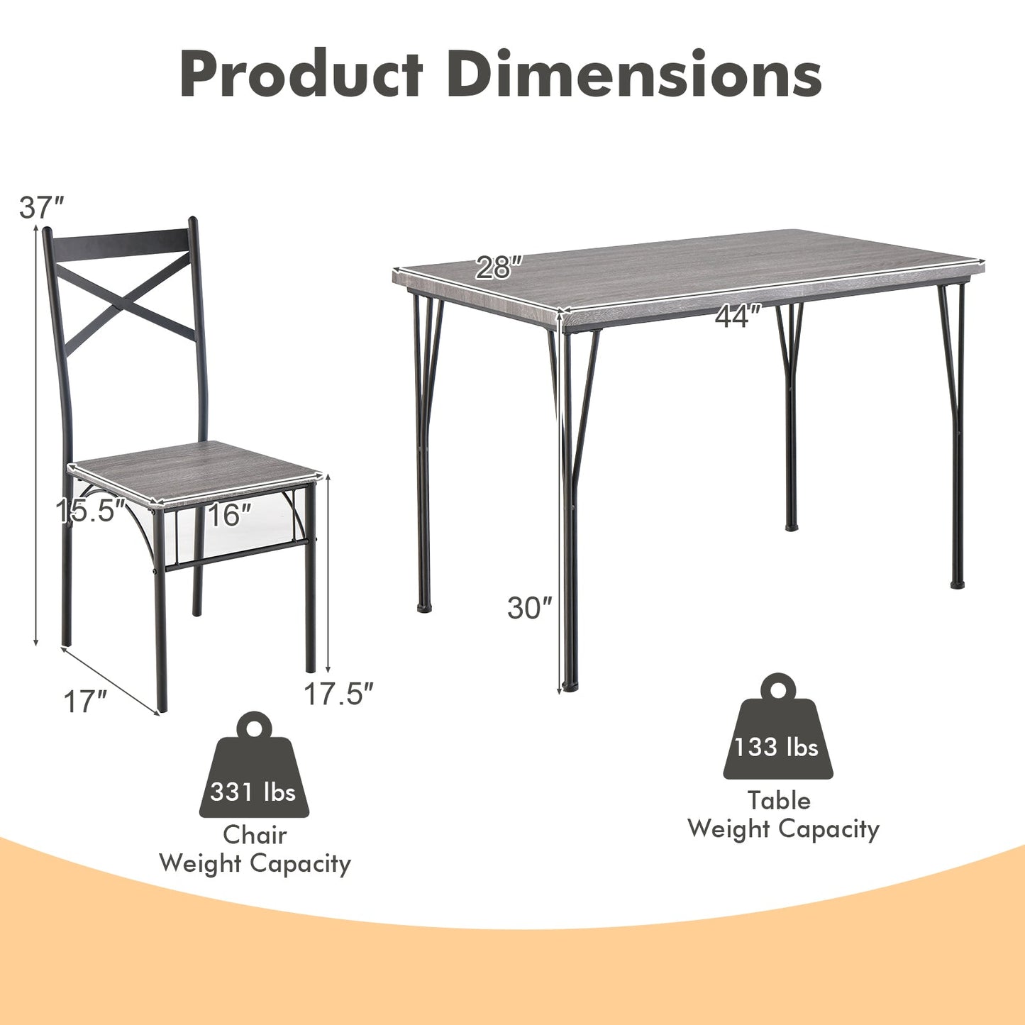 5 Pieces Dining Table Set with Metal Frame for Kitchen Dining Room-Gray