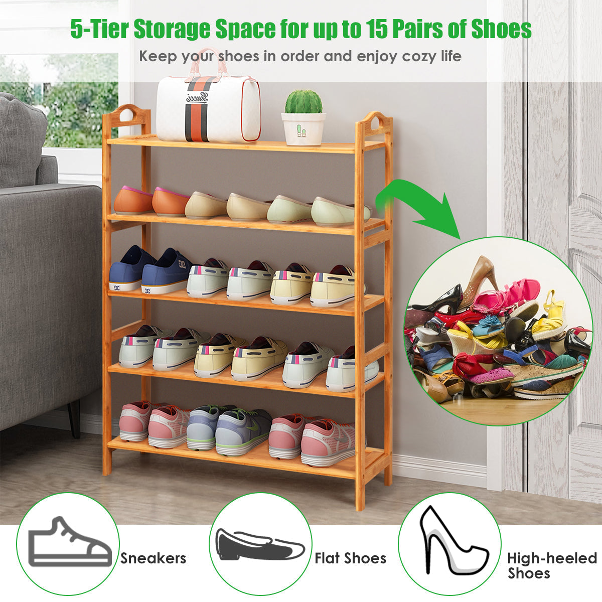 5-Tier Bamboo FreeStanding Shoe Rack-Natural