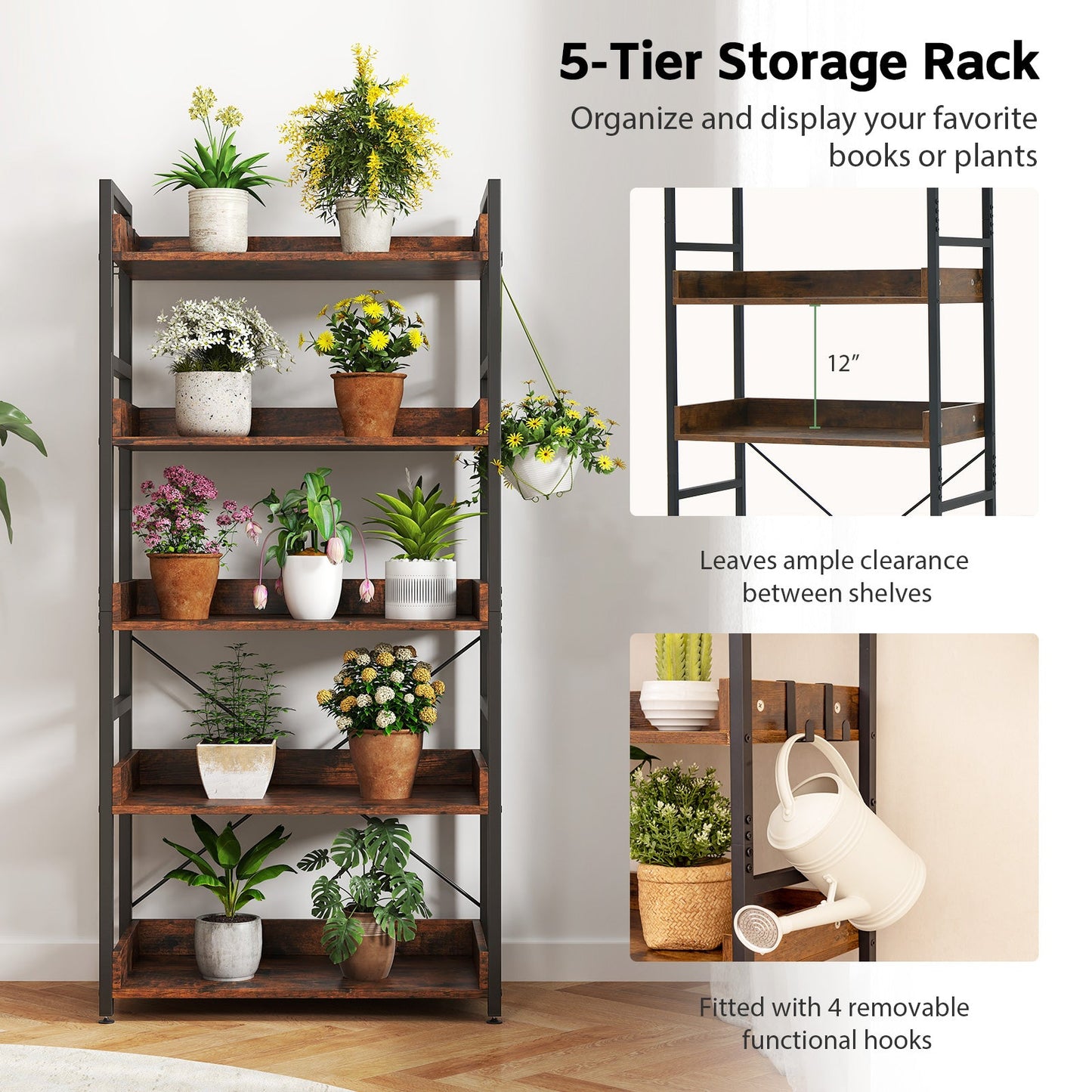 5-Tier Bookshelf with 4 Hooks Industrial Storage Bookcase-Rustic Brown