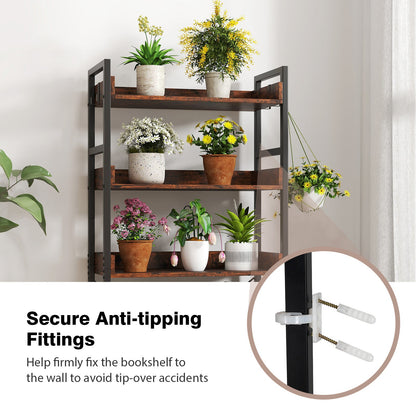 5-Tier Bookshelf with 4 Hooks Industrial Storage Bookcase-Rustic Brown