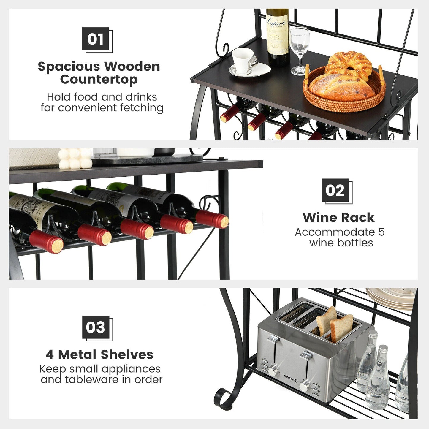 5-Tier Metal Kitchen Baker's Rack with 5 Wine Bottles Rack