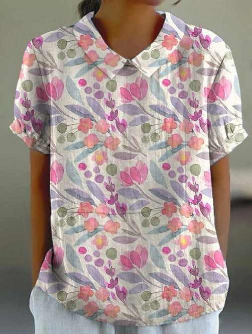 Stylish Digital-print Lapel Short-sleeve Shirt