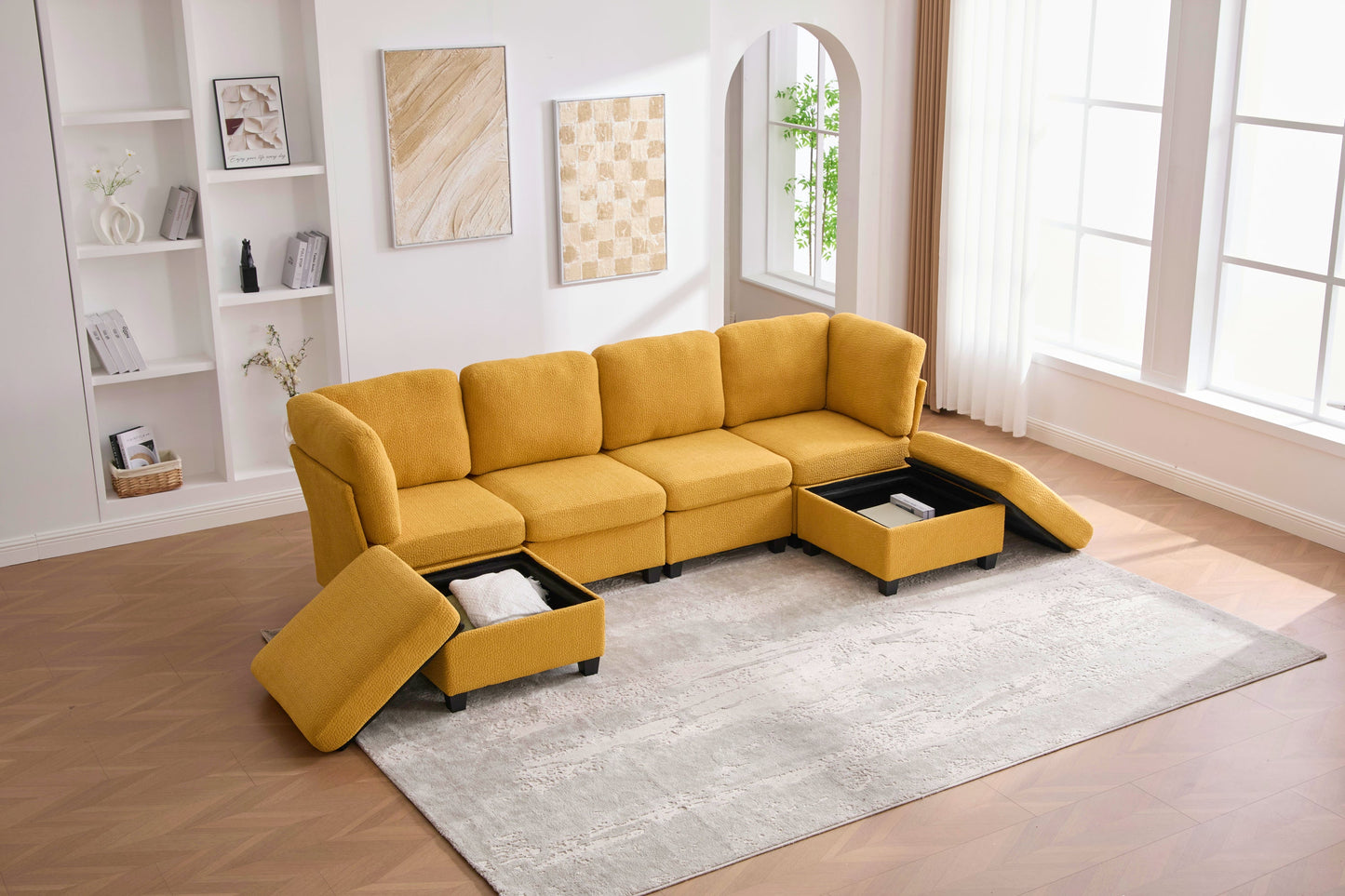 Sectional Sofa U-Shape 6 Seat Mustard Yellow Storage Ottoman