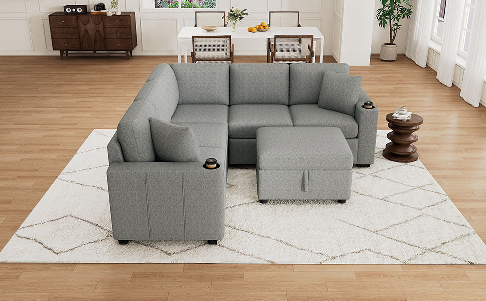 84" Sectional Sofa Convertible Pull-Out USB Gray