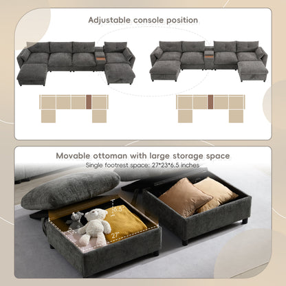 Sectional Sofa U-Shape Chenille Gray 6 Seat USB Console 136 In