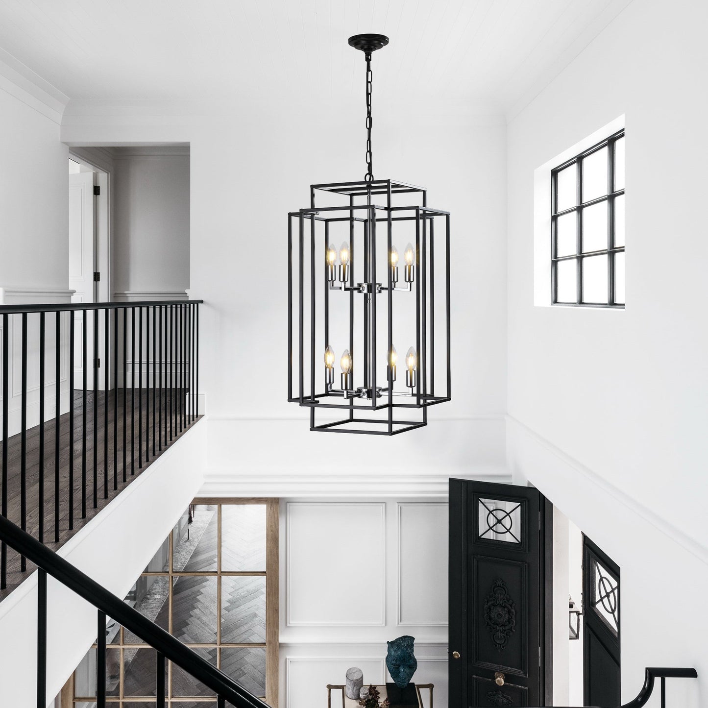 Chandelier 8-Light Black Chrome Geometric Industrial Metal Pendant 18 In