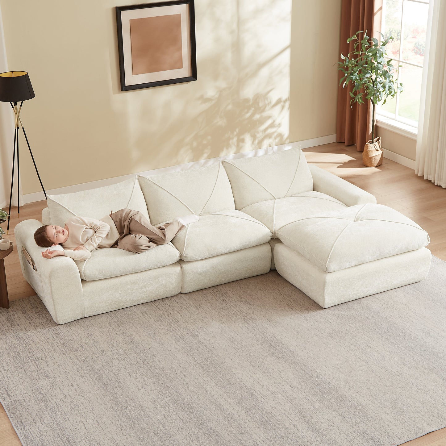 Sofa Modern Chenille Beige 4 Seat with Footrest 119 In