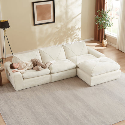 Sofa Modern Chenille Beige 4 Seat with Footrest 119 In