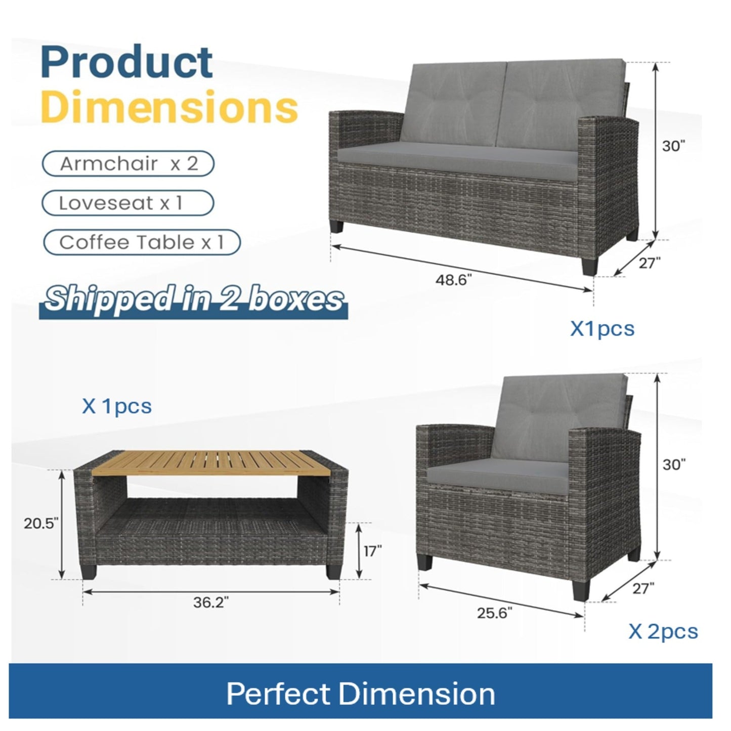 Outdoor Patio Set PE Rattan Gray 4 Piece Loveseat Chairs Acacia Table