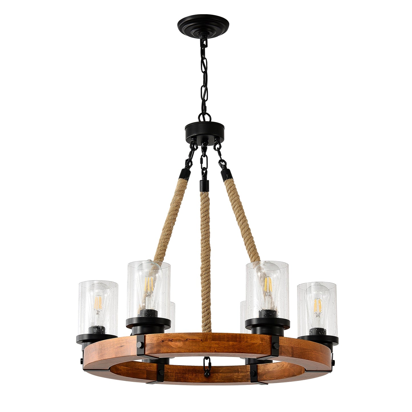 Chandelier Wood Round 6-Light Wagon Wheel Farmhouse Seeded Glass 23.62 In
