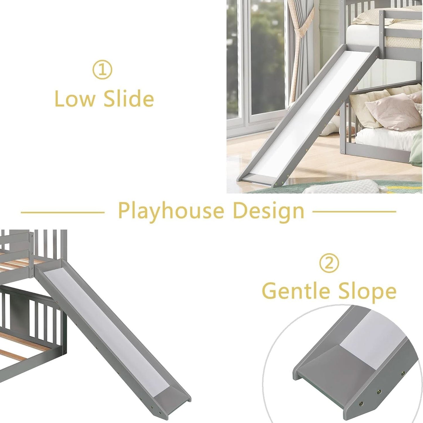 Twin Over Twin Bunk Bed With Slide In Gray For Kids