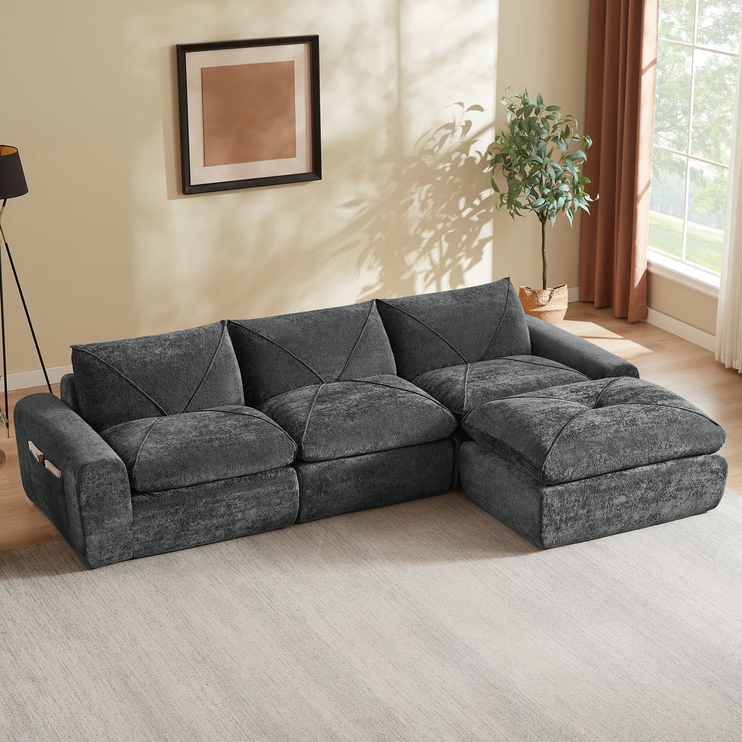 Sofa Modern Chenille Dark Gray 4 Seat Built-In Footrest 119 In