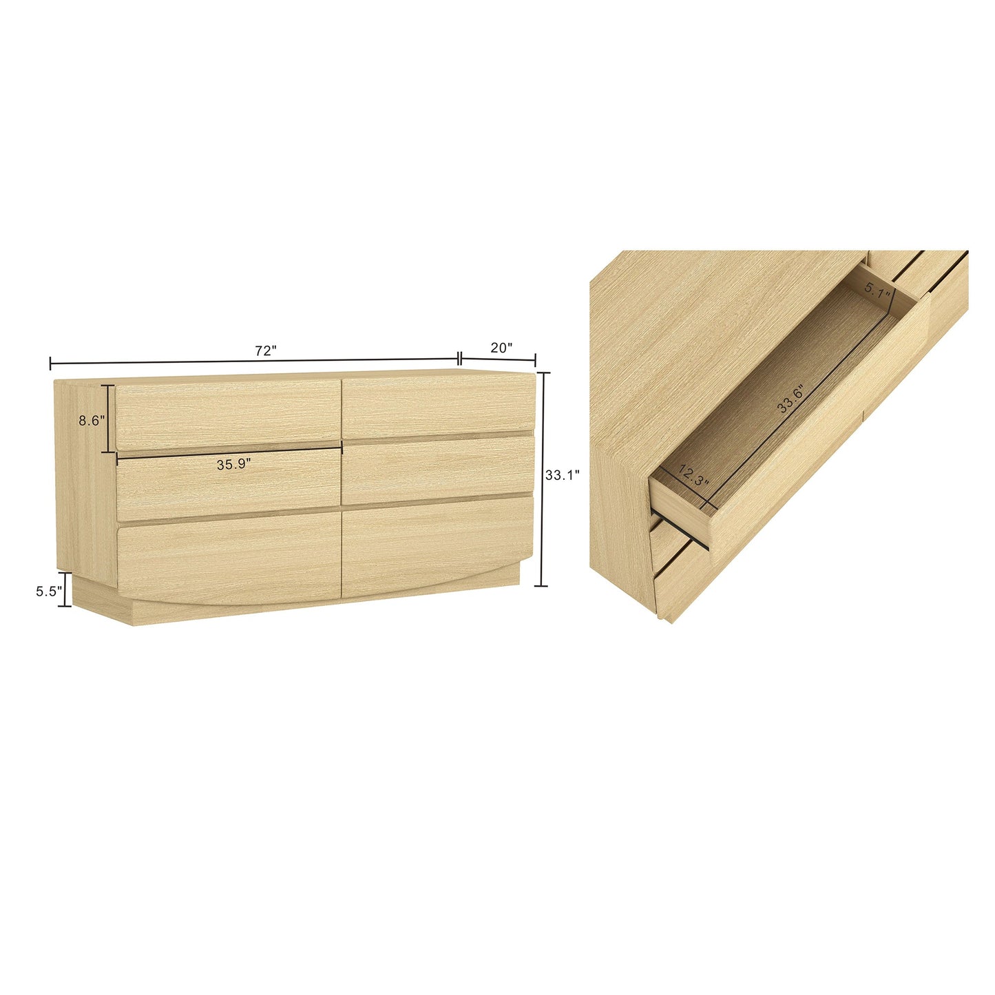 Dresser Minimalist 6-Drawer Oak MDF Handleless Wood Grain 72x20 In