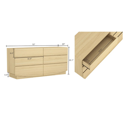 Dresser Minimalist 6-Drawer Oak MDF Handleless Wood Grain 72x20 In
