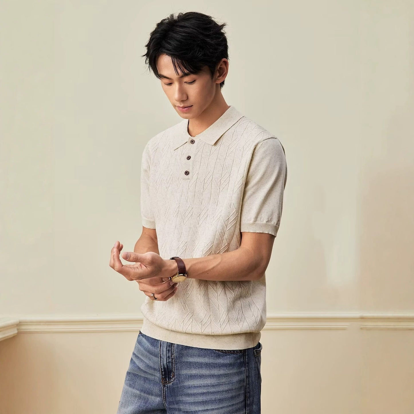 Japanese-style Retro Mens Knitted T-shirt Top