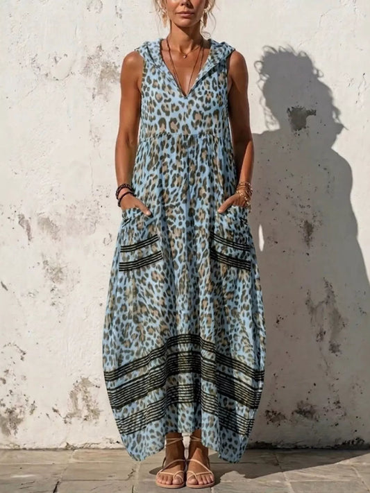 Full Size Sleeveless Hooded Leopard Print Maxi Dress with Pockets Plus Size