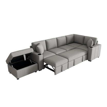 84" Sectional Sofa Convertible Pull-Out USB Gray