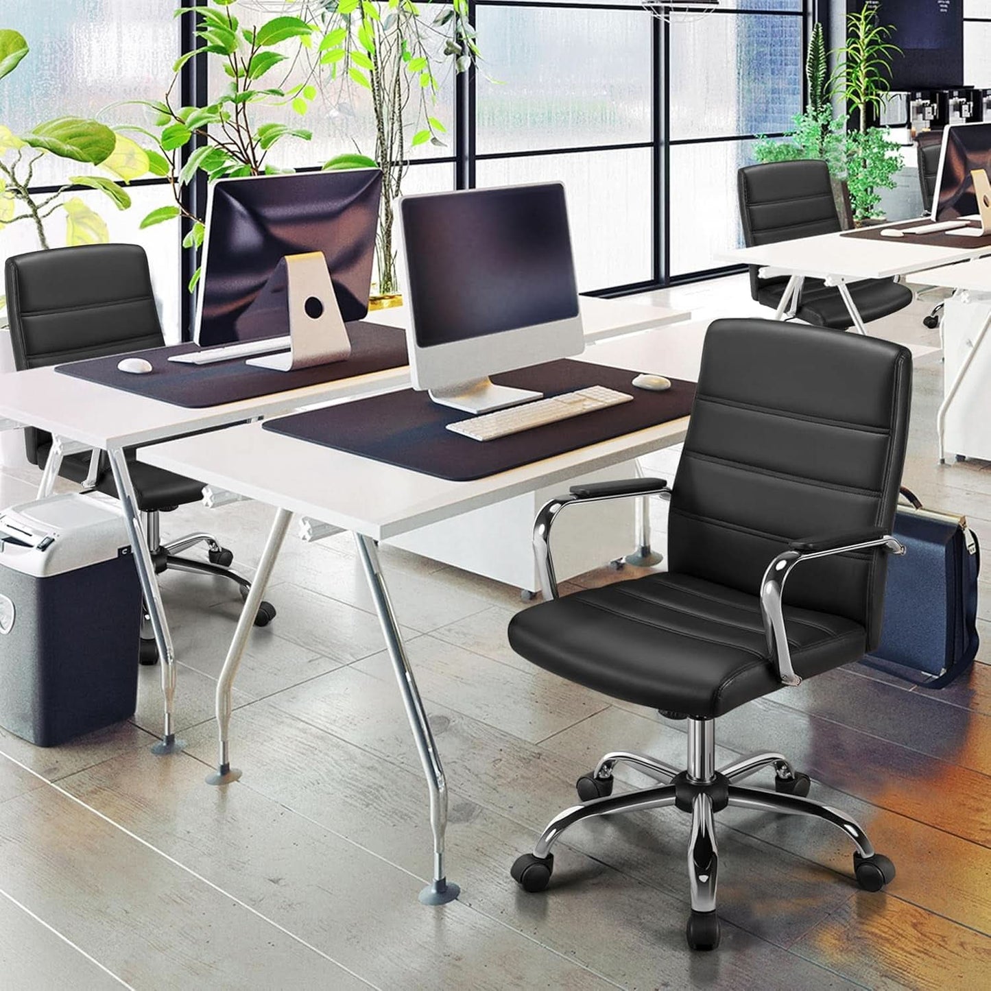 Ergonomic Mid Back Office Chair Black PU Leather With Lumbar Support