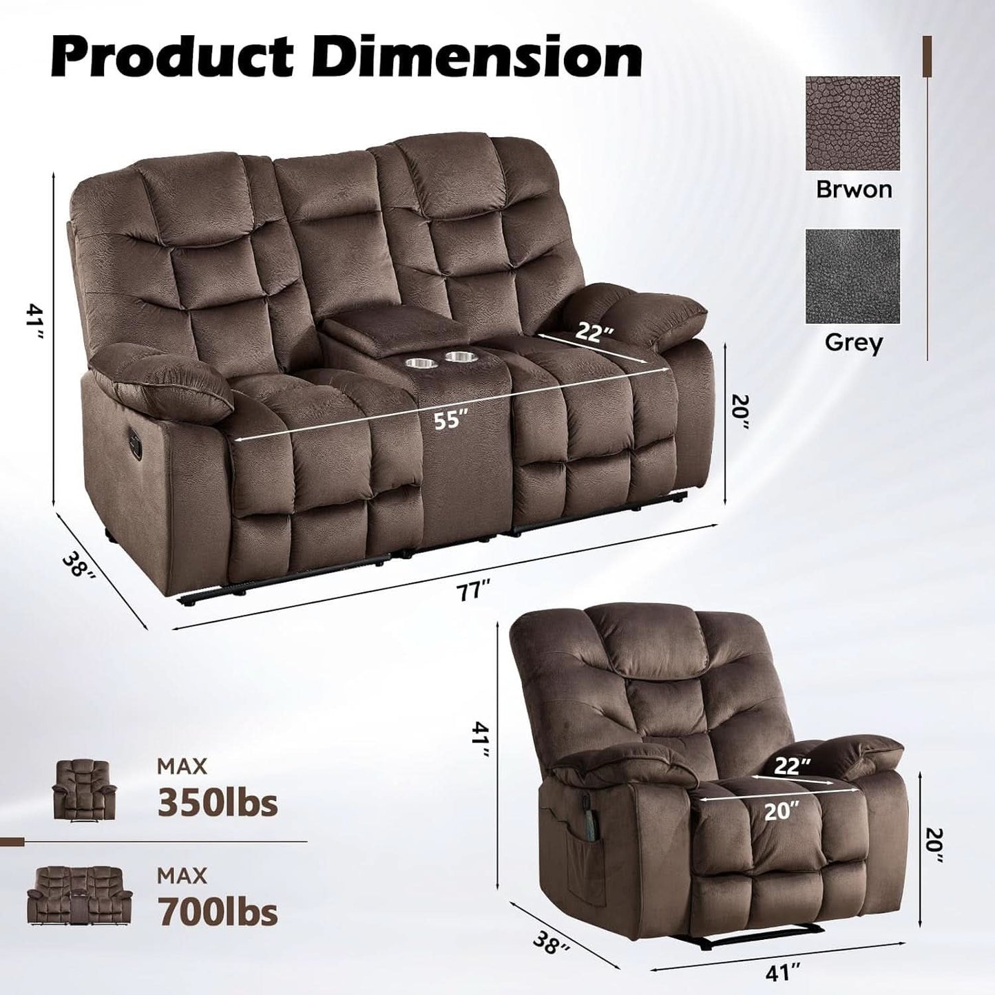 Brown 2 Piece Power Recliner Set With Massage And Heat