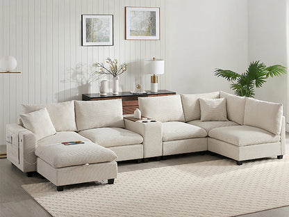 Sectional Sofa U-Shape Corduroy Beige 6 Seat Storage Ottoman USB 140 In