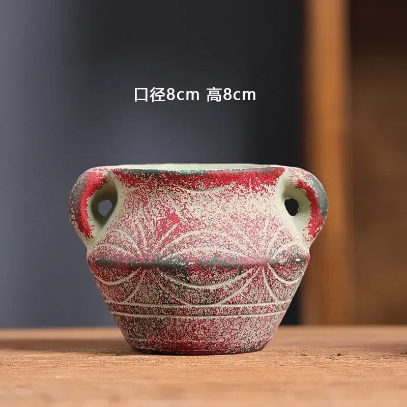 Mediterranean Red Pottery Succulent Pots – Retro Hand-Painted Ceramic