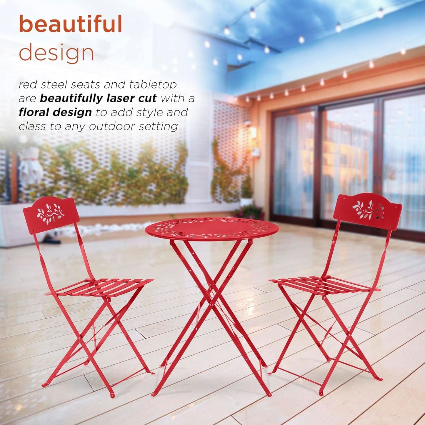 Indoor Outdoor 3 Piece Folding Bistro Set Red Table Chairs