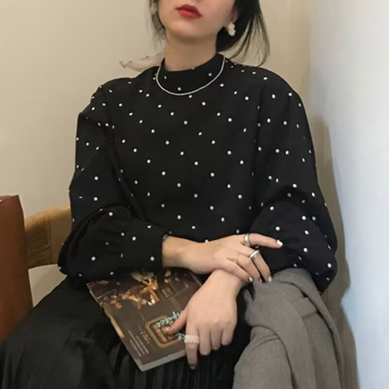 Black And White Polka-dot Turtleneck Relaxed-fit Puff-sleeve Base Shirt
