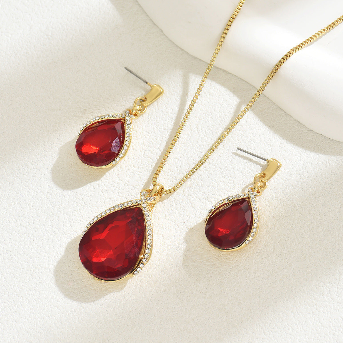 Ins Sweet Japanese Korean Women Jewelry Set, Niche Water Drop Dangle Earrings & Clavicle Chain, Geometric Design Inlaid Clear Synthetic Crystals