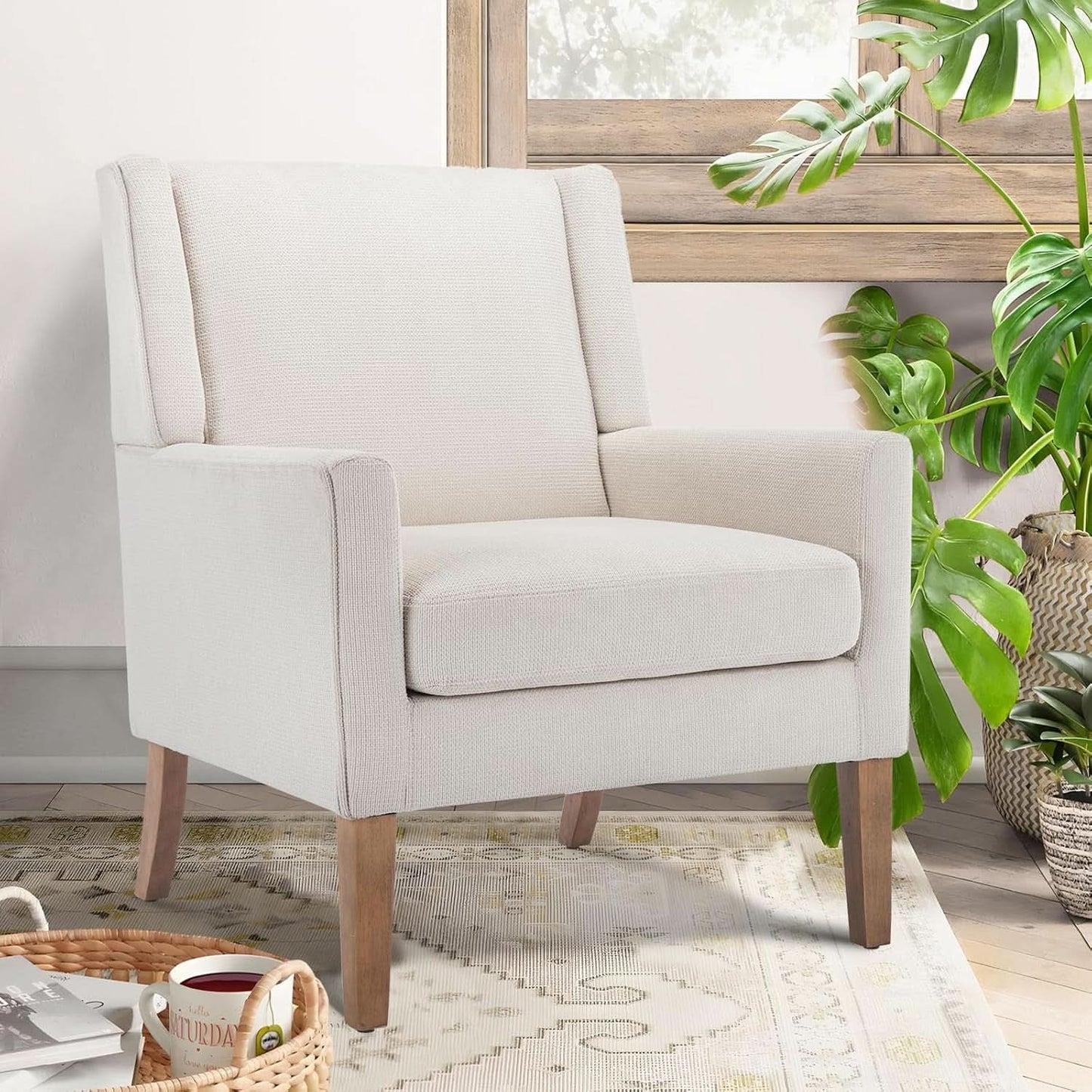 Beige Wingback Chairs With Wood Legs For Living Room
