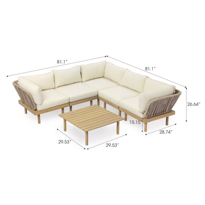 Outdoor Sectional Set Acacia Wood Rope L-Shape Beige 6 Piece