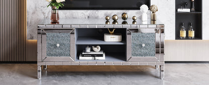 TV Stand Mirrored Crushed Diamond Glass Silver 59 In Fits 65 In TV