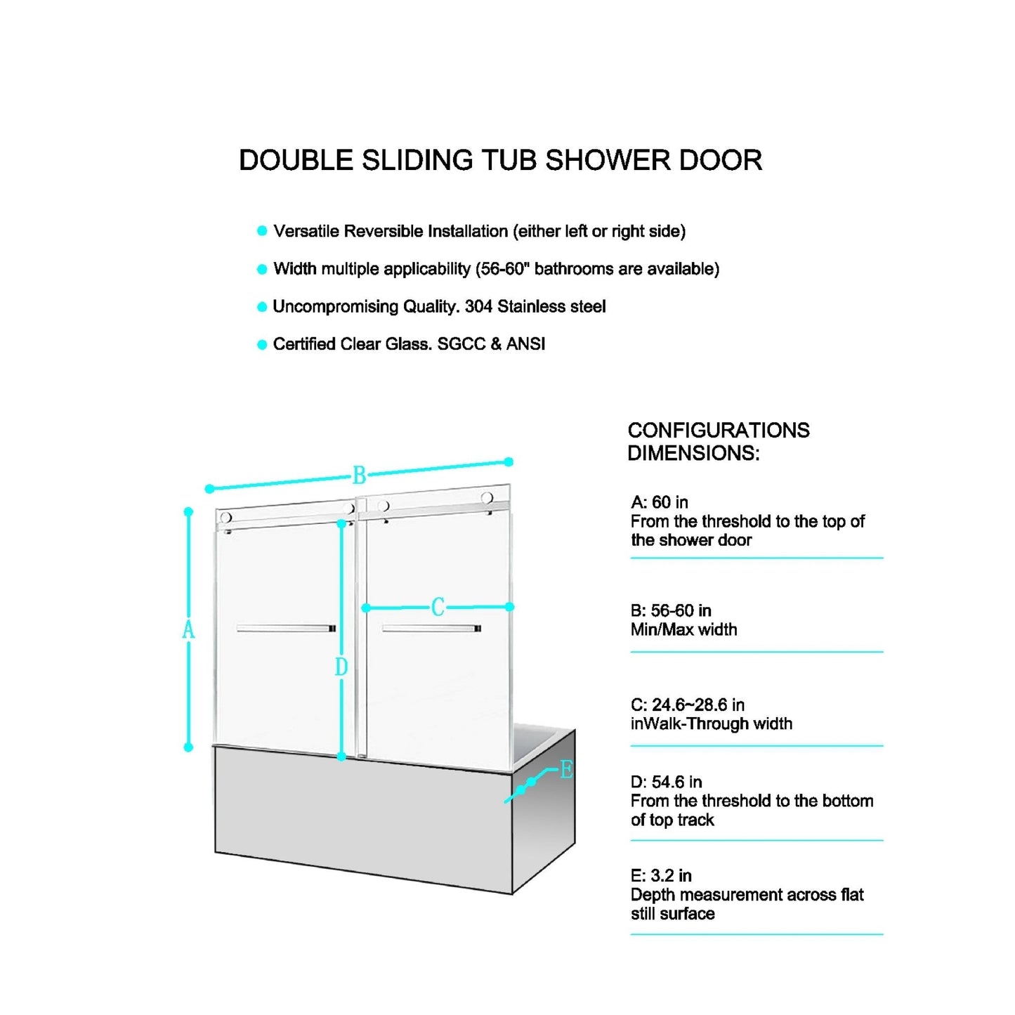56-60in W x 60in H Frameless Double Sliding Tub Shower Door, Matte Black, 8mm