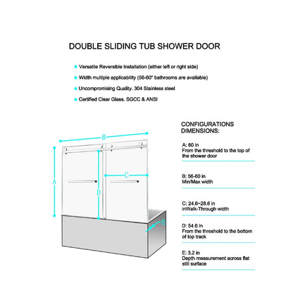 56-60in W x 60in H Frameless Double Sliding Tub Shower Door, Matte Black, 8mm