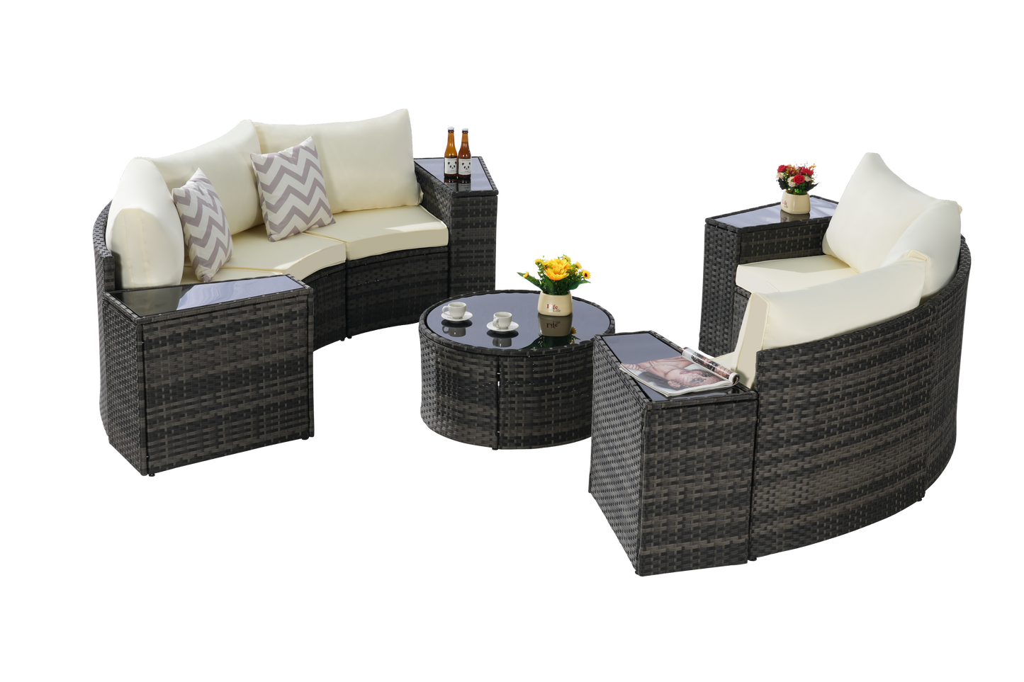 Outdoor Sectional Set PE Rattan Beige Half Moon 11pc