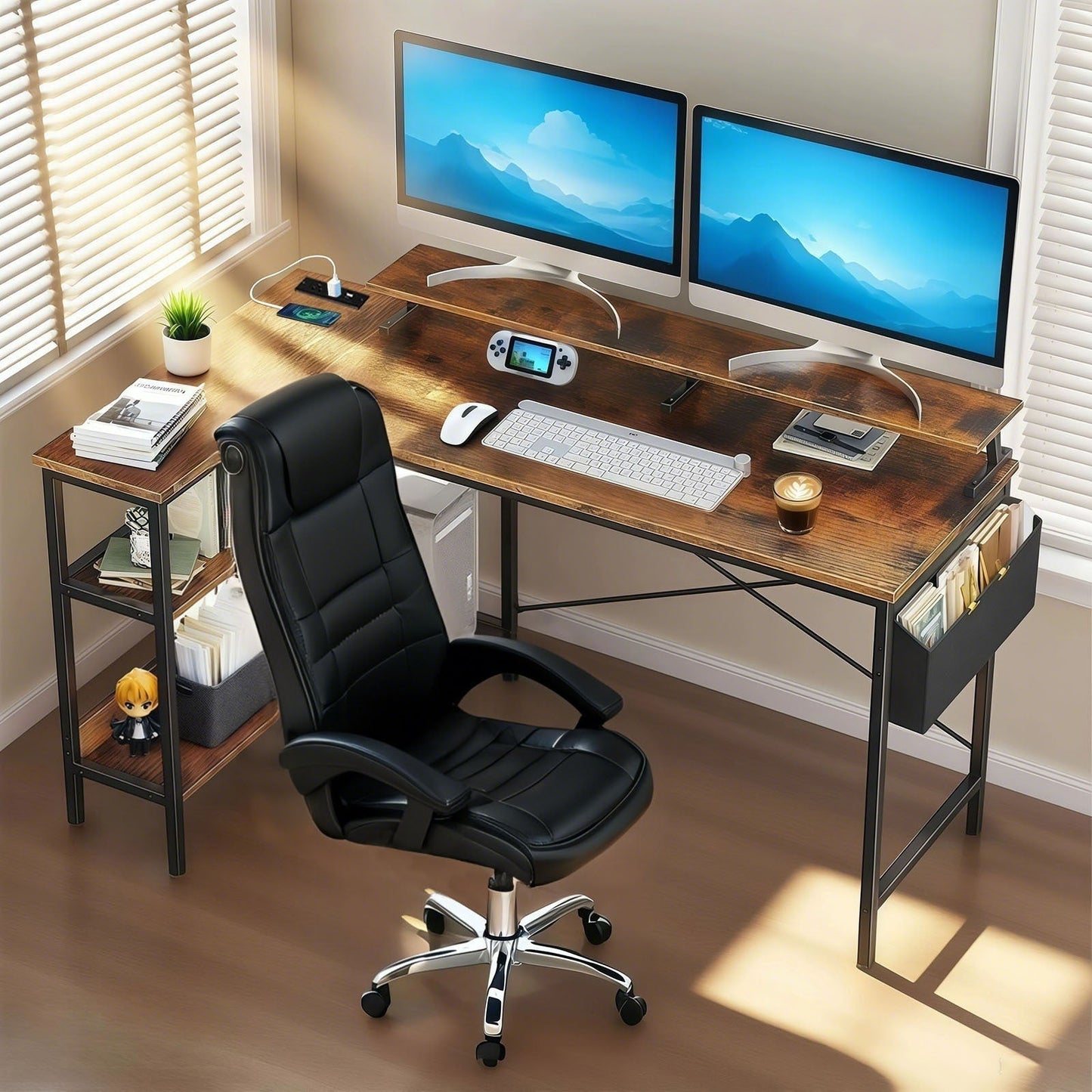 Vintage Black+Brown L Shaped Gaming Desk with Power Outlets, Monitor Stand...