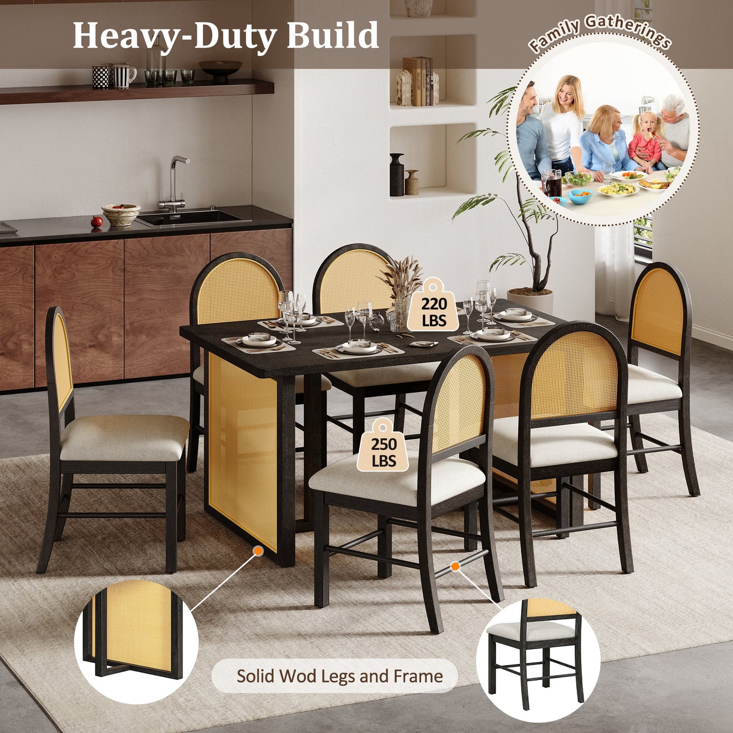 7-Piece Farmhouse Dining Table Set for 6, 59.8 in Rectangular Table with Rattan Chairs