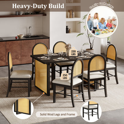 7-Piece Farmhouse Dining Table Set for 6, 59.8 in Rectangular Table with Rattan Chairs