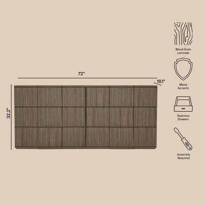 Dresser Modern 6-Drawer Walnut Gold MDF Sculpted Fronts Metal Handles 72 In