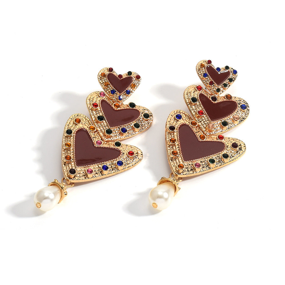 Vintage French Court Style Rhinestone Heart Three Layer Pearl Drop Earrings Exaggerated Dangle Jewelry