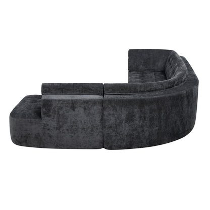 Sectional Sofa Curved L-Shape Chenille Gray 4 Seat 119 In Tufted