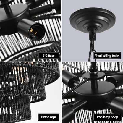 Chandelier 4-Tier Black Hemp Rope Pendant 6-Light Boho 20 In Dining