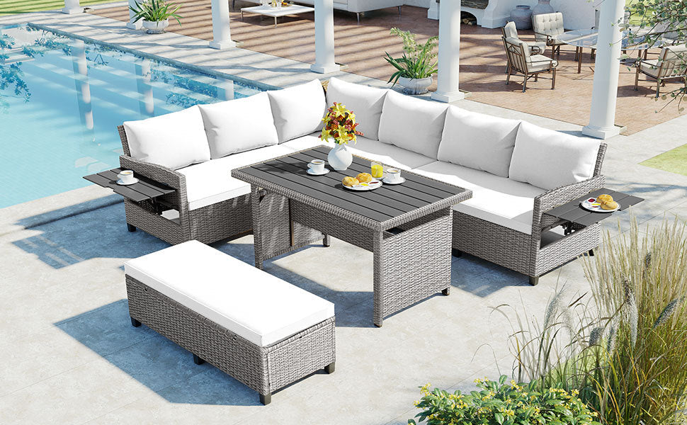 Outdoor Sectional Set PE Rattan Steel White 5 Piece Seats 7 Extendable
