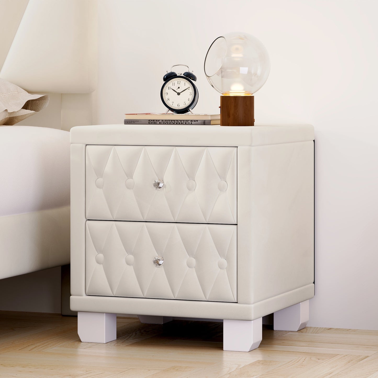 Velvet Nightstand with 2 Drawers, Crystal Handle, Button-Tufted, Beige
