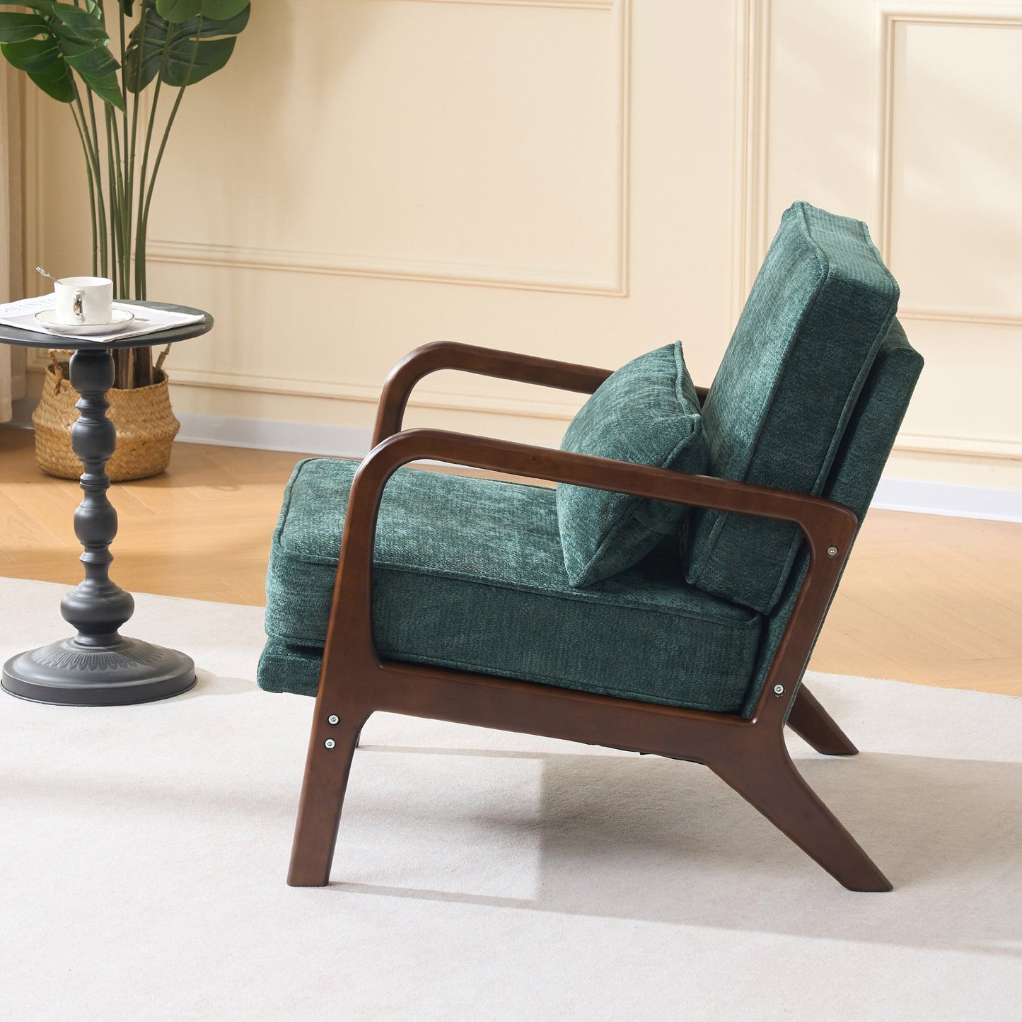 Accent Chair Mid-Century Lounge Dark Green Lumbar Cushion Wood Arms 26x29x30 In