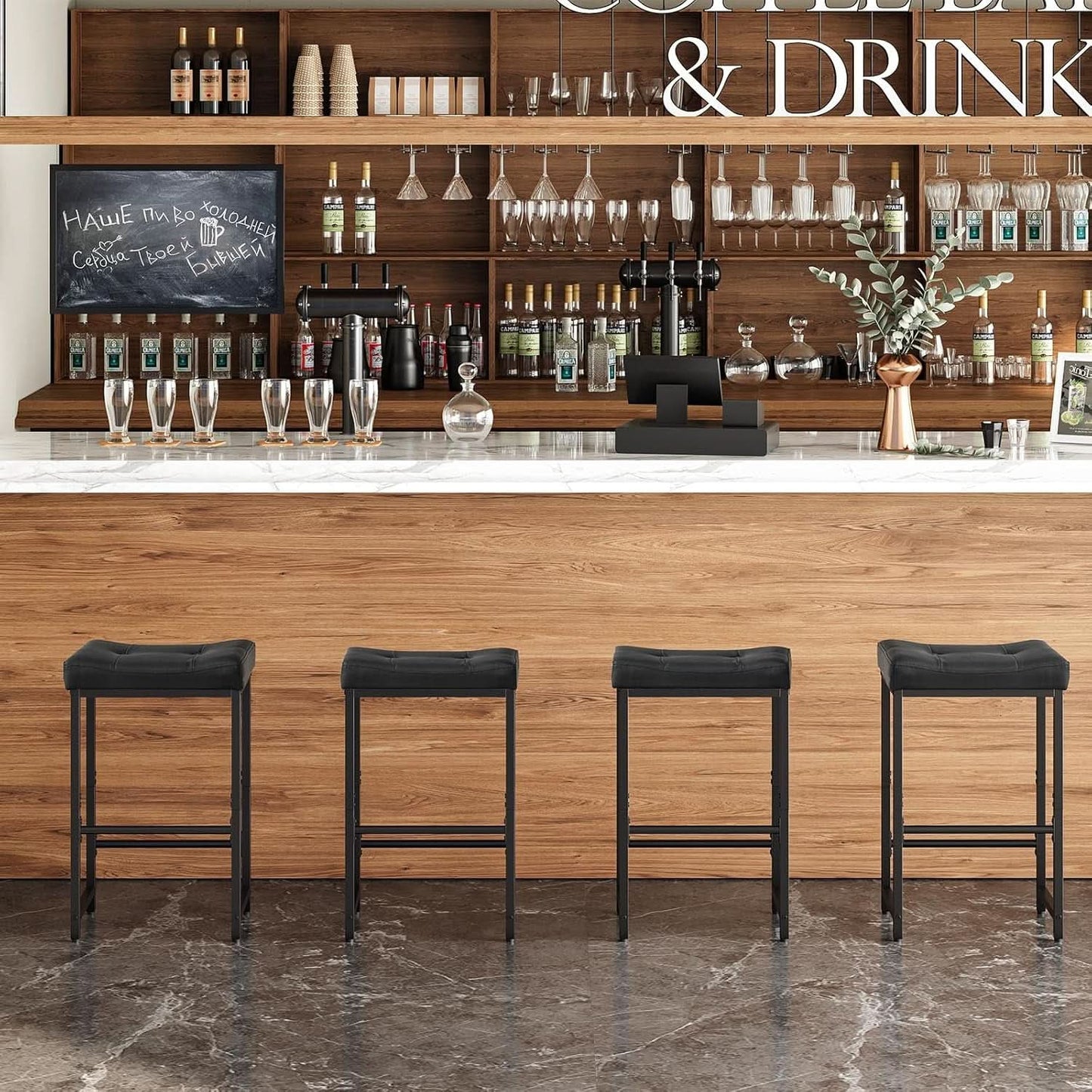 Bar Stools 25 Inch Counter Height With PU Upholstery Black