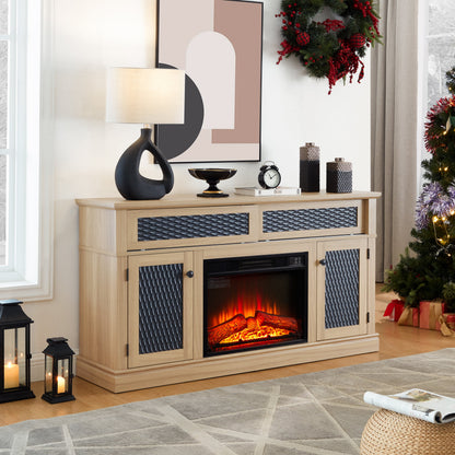 TV Stand Fireplace Light Oak MDF Embossed Doors 1400W Fits 65 In TV 58.27 In