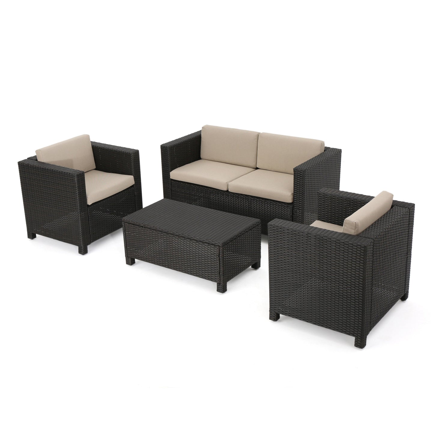 Outdoor Patio Set PE Rattan Dark Brown 4 Piece Loveseat Chairs Coffee Table