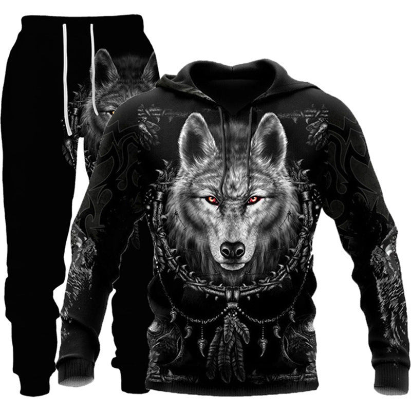 Animal-print Hooded Pullover Sweatshirt And Menswomens Sportswear Set