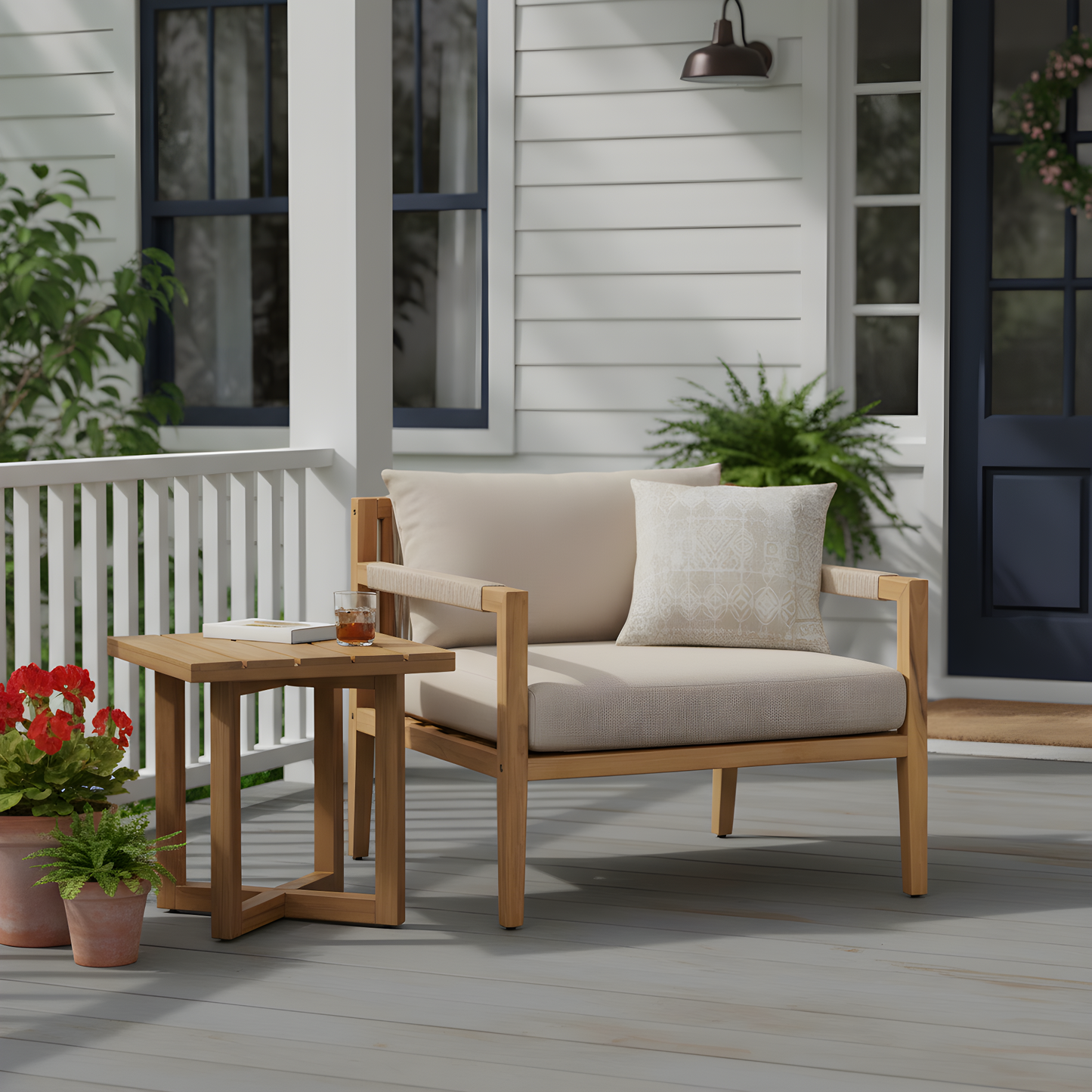 Outdoor Chair Set Acacia Wood Rope Beige Cushion Table