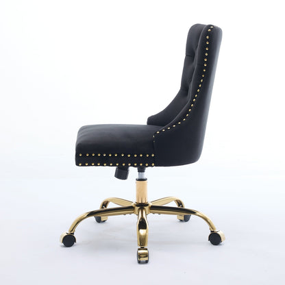 Swivel Office Chair Velvet Black Tufted Button Gold Metal Base 24.8x38.6 In
